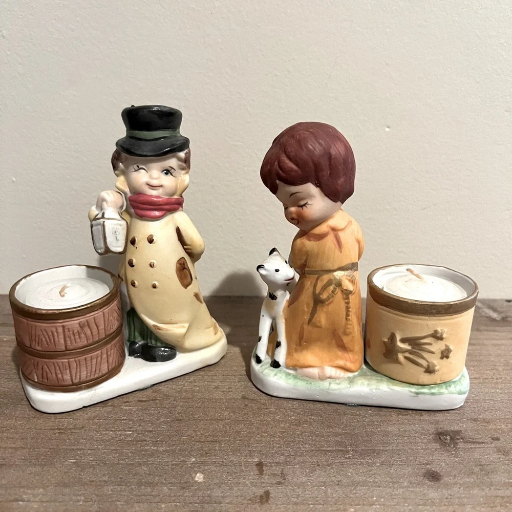 Vintage Christmas Luvkins Jasco 1978 Hand painted porcelain Candleholders